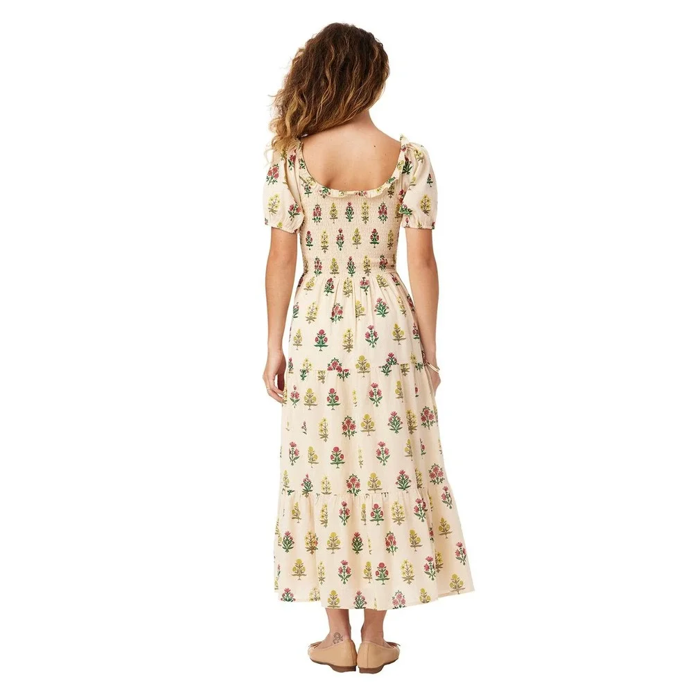 Bila Navara Cotton Maxi Dress Size S Vintage Floral Smocked Puff Sleeve Lined